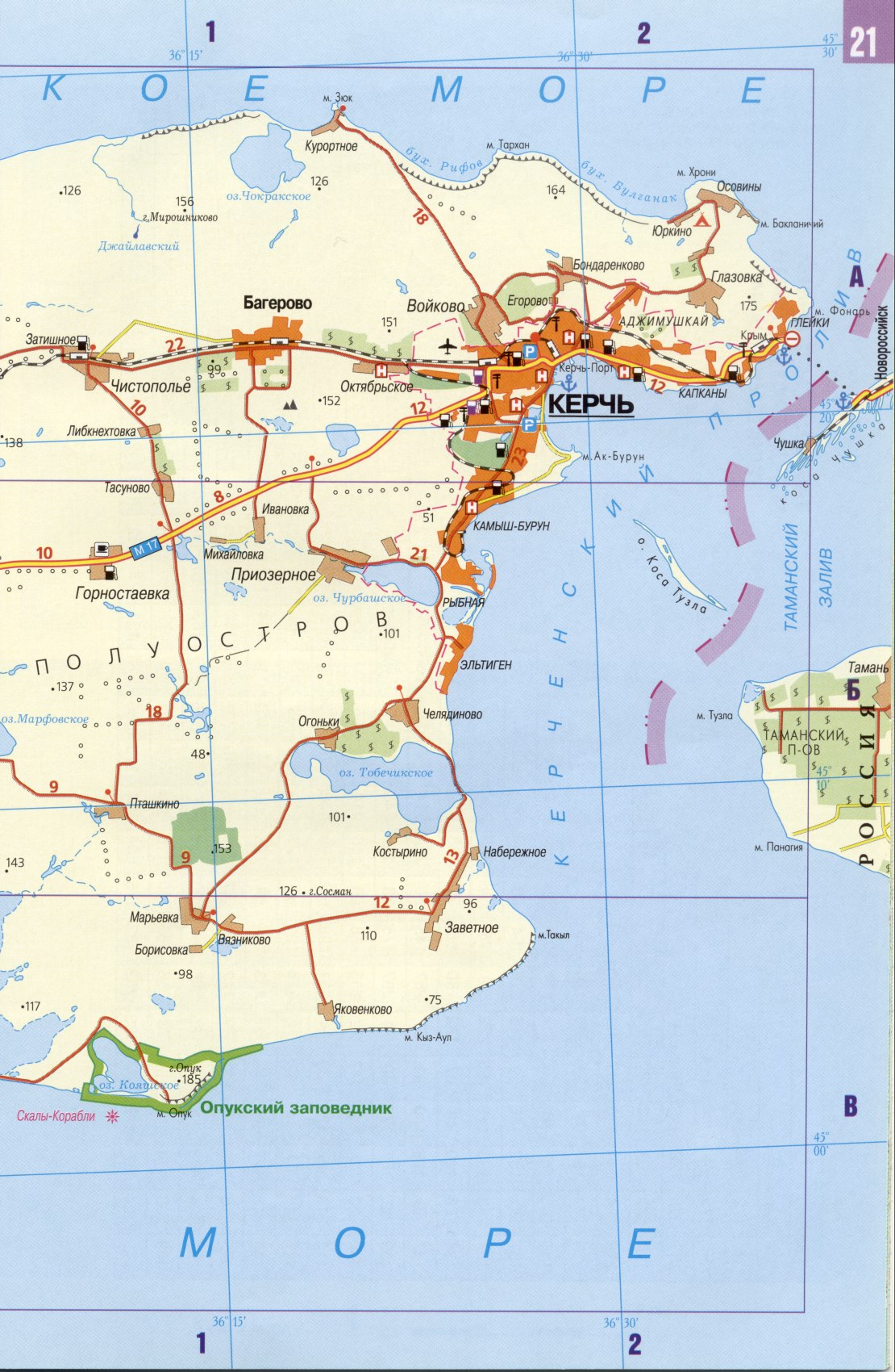 Карта Керченского полуострова. Подробная карта автомобильных дорог - Керченский полуостров, B0 - 