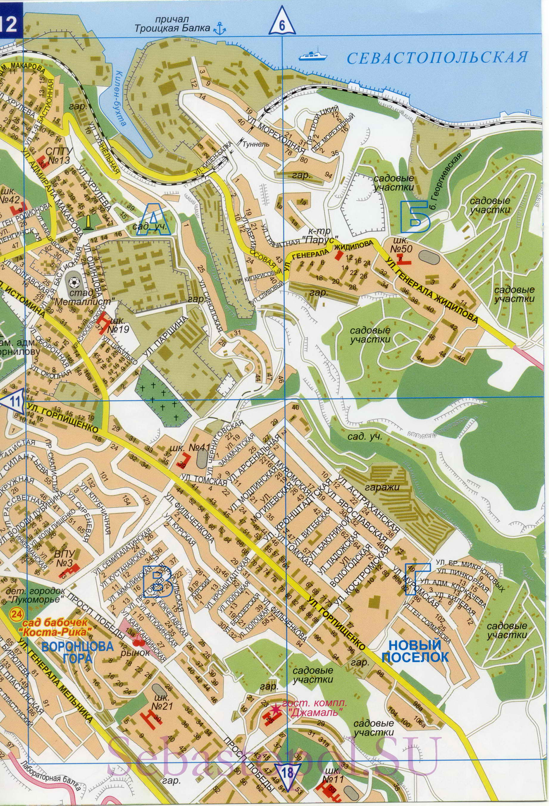 Карта Севастополя. Подробная карта Севастополя с номерами домов. Новая карта Севастополя 2011, E1 - 
